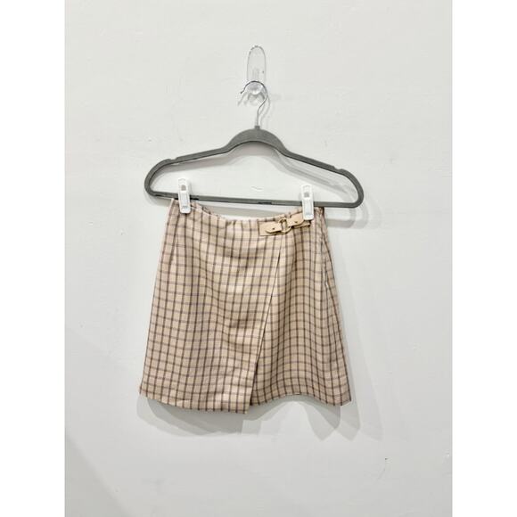 Sandro Meredith Checkered Twill Mini Faux Wrap Skirt Nude Beige Women's Size 1 - Picture 3 of 8